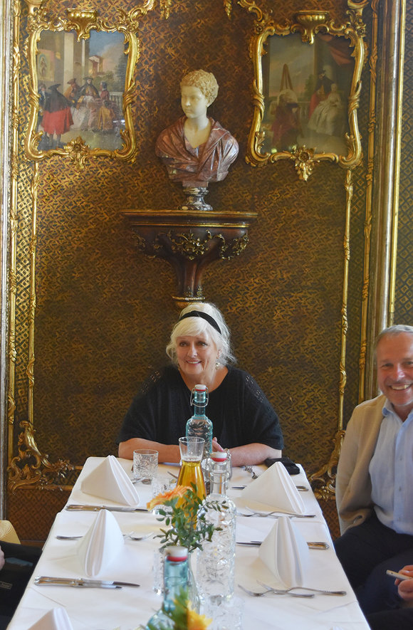 Lunch in the room they used to design the ballroom in the Trapp home. Gold elegance and so much amazing art. 